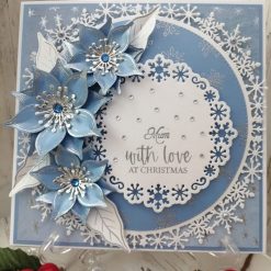 Luxury Handmade Christmas Card - Frozen blue, white & silver with snowflake border & magnolia flower spray - Mum with Love at Christmas