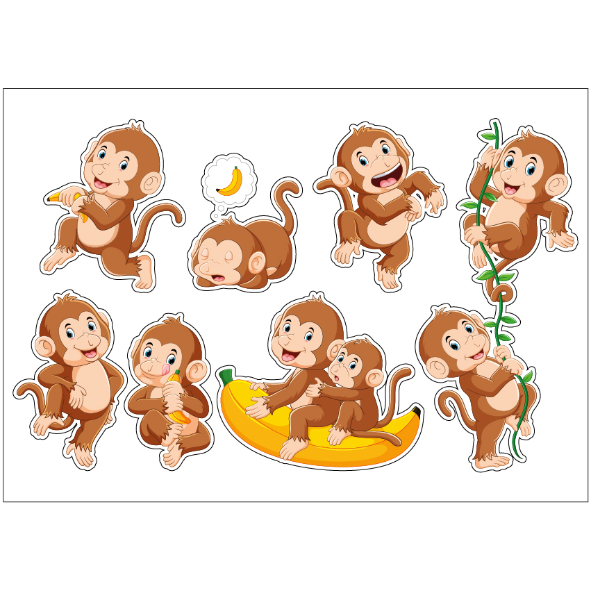 PS0005 Baby Monkeys Stickers Sheet Decals Monkeys Wall Self Adhesive