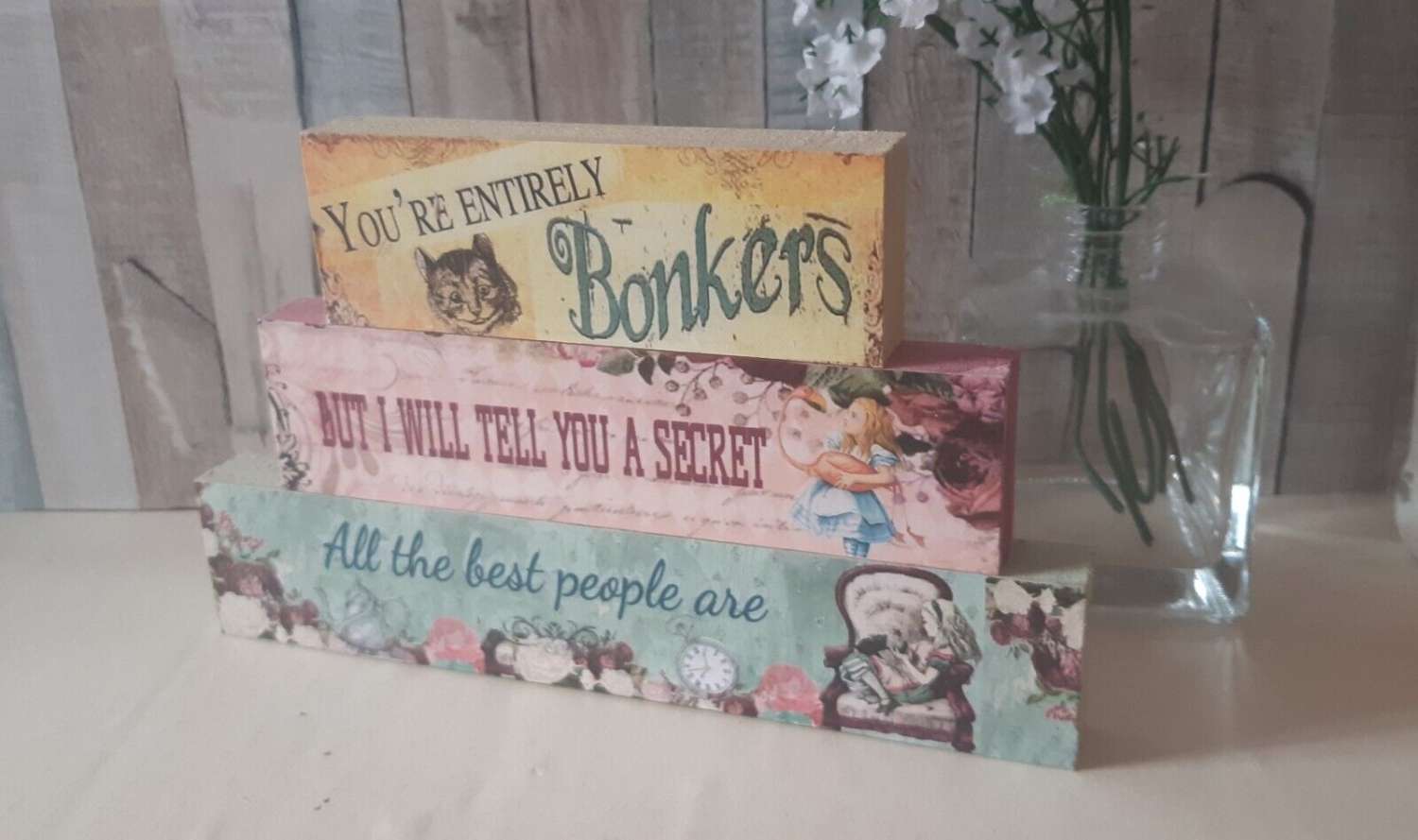 3 Stacked Wooden Blocks Alice in Wonderland, Stacking decorative Sign