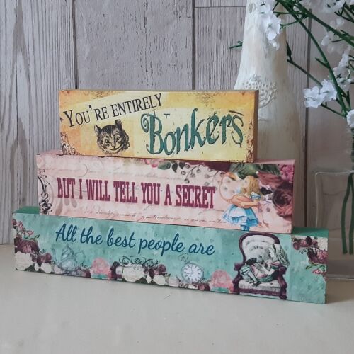 3 Stacked Wooden Blocks Alice in Wonderland, Stacking decorative Sign
