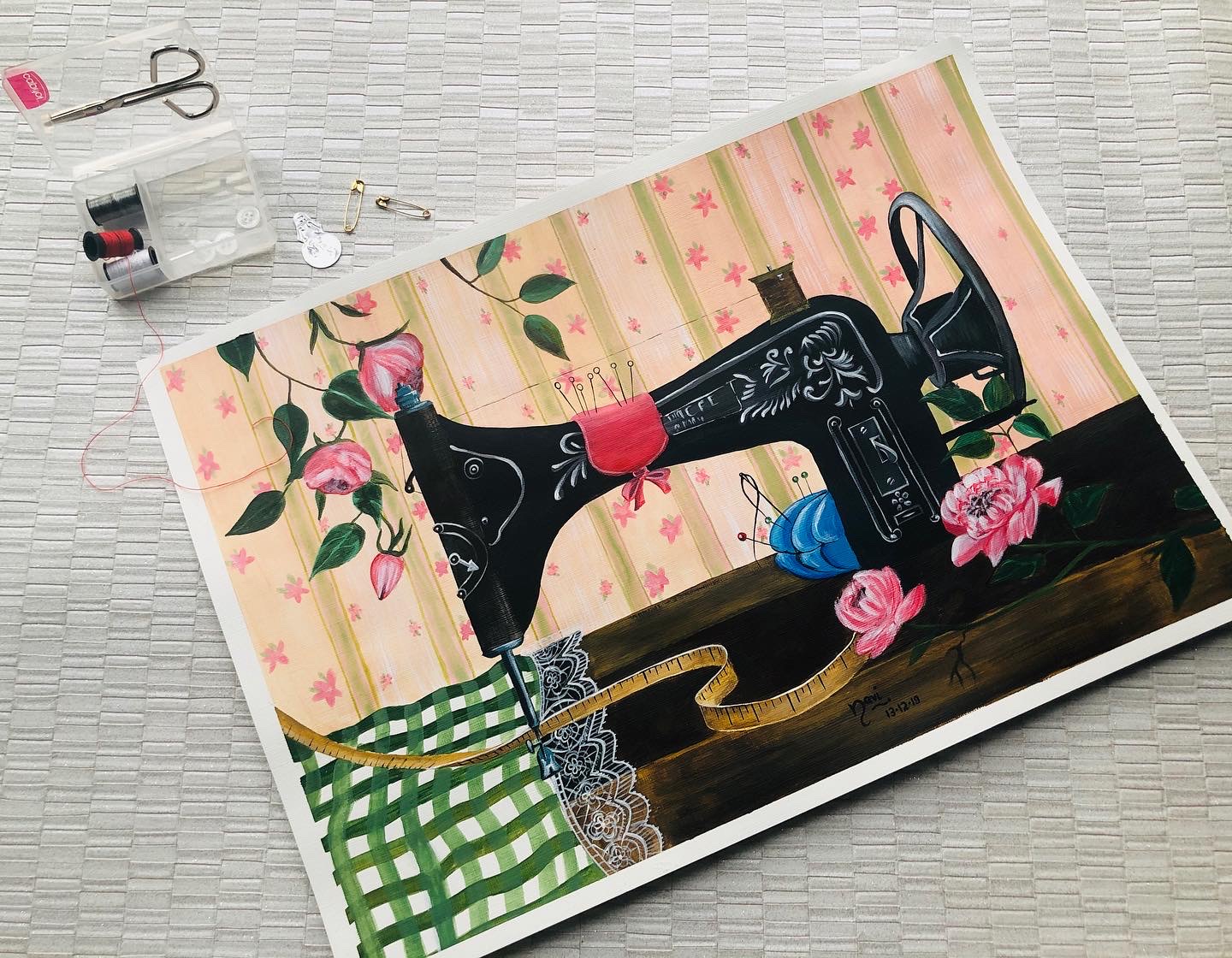 Original Acrylic Vintage Sewing Machine Painting A3 MadeMe