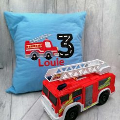 Cushion Handmade Personalised Fire Engine Applique Birthday Pillow