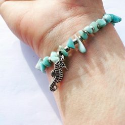 Genuine Larimar Crystal chip bracelet with Seahorse charm