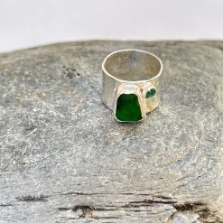 Green Sea Glass Ring with Emerald Gemstone