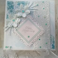A Luxury Handmade Mothers Day Card - Pretty Aquamarine & White with summer bloom flowers and lace panel