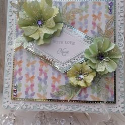 A Luxury Handmade Mothers Day/ Birthday Card - Pretty Aquamarine & White with butterfly background - with Love Mum