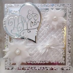 Luxury Handmade Wedding Card - White & Silver, 8"x8" Mr & Mrs with magnolia vellum flowers