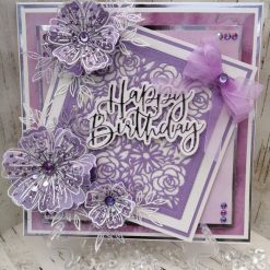 Luxury Handmade Birthday card - Amethyst & White - Happy Birthday with lacey square