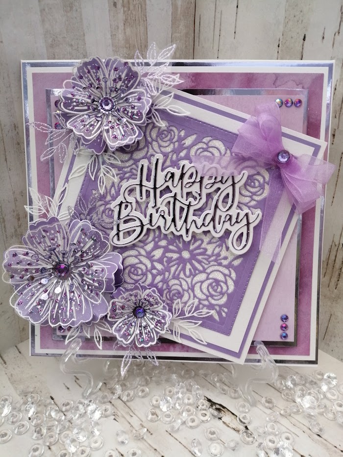 Luxury Handmade Birthday card - Amethyst & White - Happy Birthday with lacey square Luxury Handmade Birthday card - Amethyst & White - Happy Birthday with lacey square