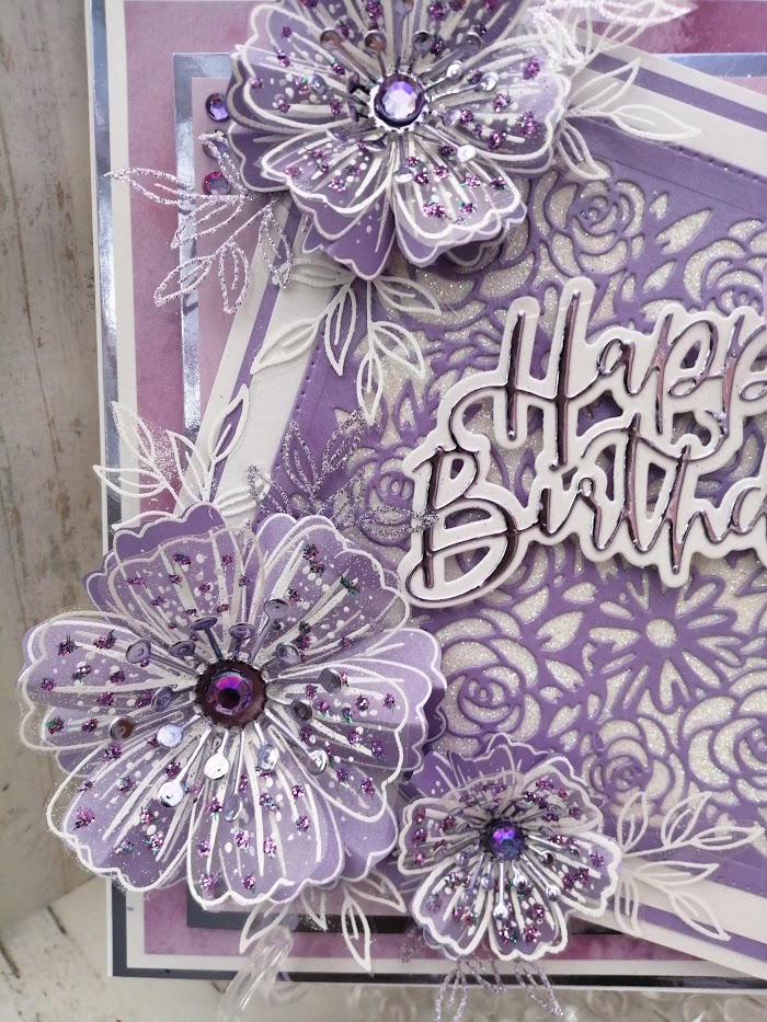 Luxury Handmade Birthday card - Amethyst & White - Happy Birthday with lacey square Luxury Handmade Birthday card - Amethyst & White - Happy Birthday with lacey square