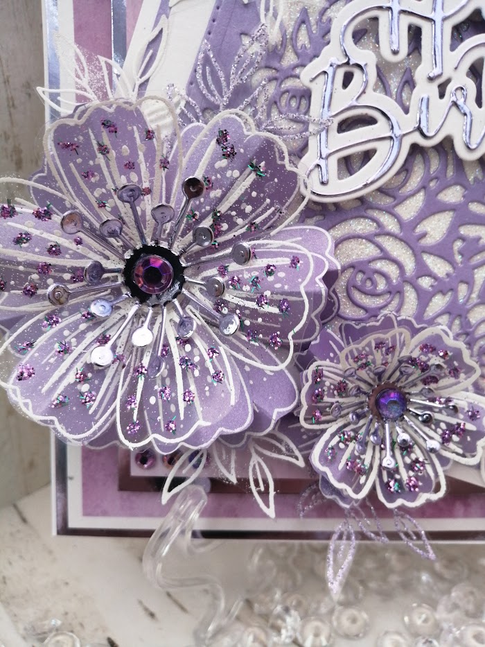 Luxury Handmade Birthday card - Amethyst & White - Happy Birthday with lacey square Luxury Handmade Birthday card - Amethyst & White - Happy Birthday with lacey square