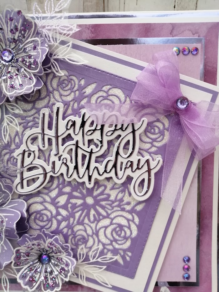 Luxury Handmade Birthday card - Amethyst & White - Happy Birthday with lacey square Luxury Handmade Birthday card - Amethyst & White - Happy Birthday with lacey square