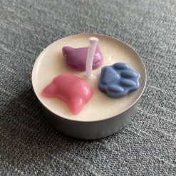 Cat lover tea light candle - pink, purple, blue and white - scented soy wax candle decorated with cats and paw prints