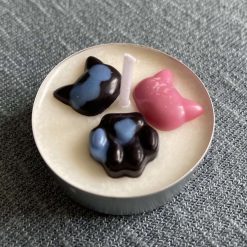 Cat lover tea light candle - pink, black, blue and white - scented soy wax candle decorated with cats and paw prints