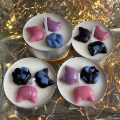 Cat lover tea light candle - pink, purple, blue and white - scented soy wax candle decorated with cats and paw prints 2