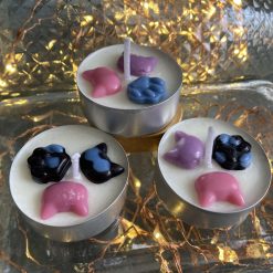 Cat lover tea light candle - pink, purple, blue and white - scented soy wax candle decorated with cats and paw prints 1