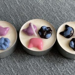 Cat lover tea light candle - pink, purple, blue and white - scented soy wax candle decorated with cats and paw prints 3