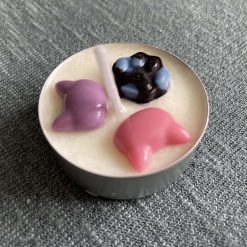 Cat lover tea light candle - pink, black, blue and white - scented soy wax candle decorated with cats and paw prints