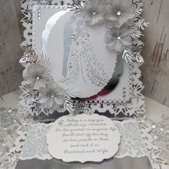 Luxury Handmade Wedding Card - White & Silver, Easel card with butterfly lace panels, with bride & groom in centre oval & flower sprays