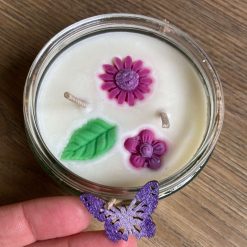 Scented soy candle decorated with wax flowers, hearts, leaves or butterflies - sustainable vegan soy wax glass container candle