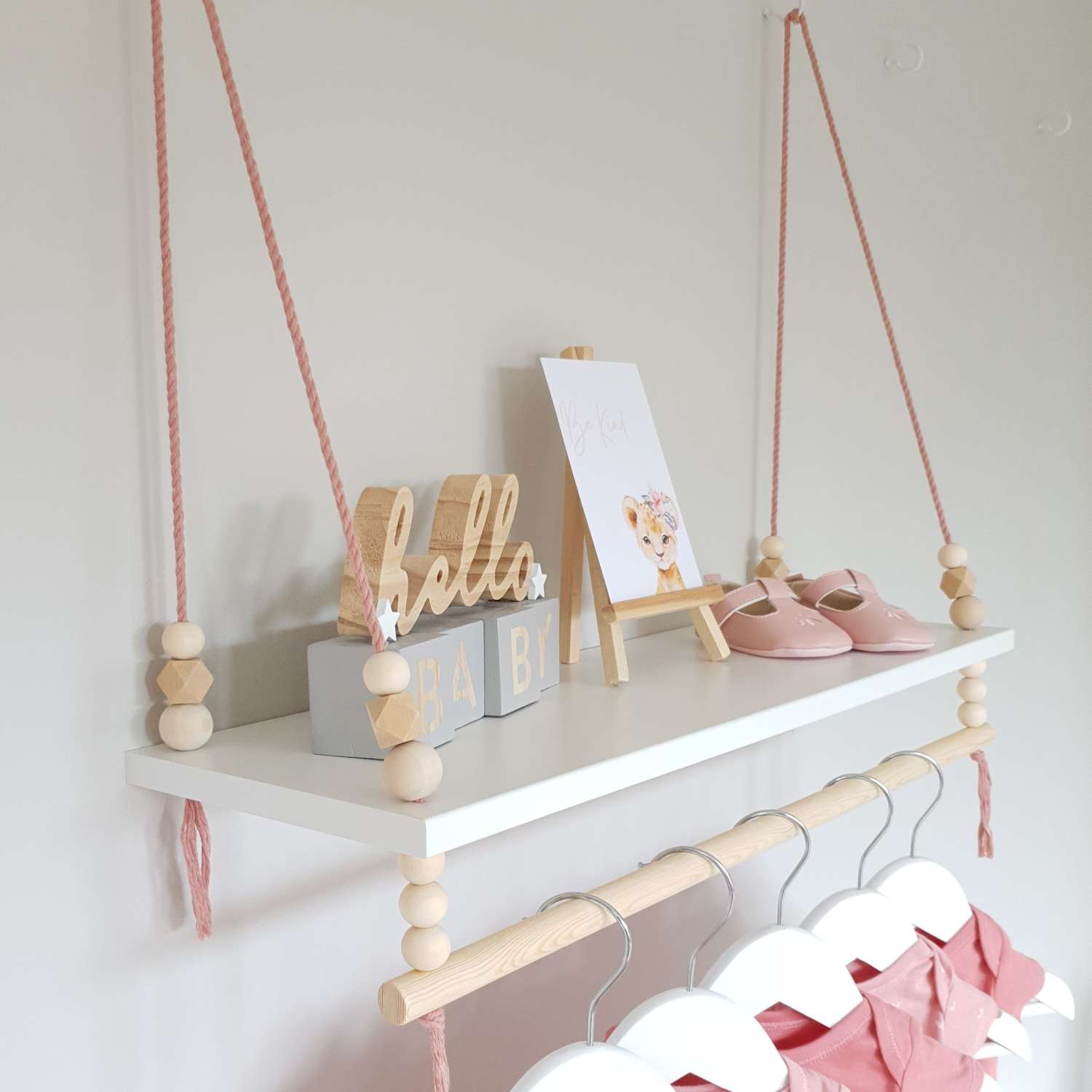 Nursery Shelf with Clothes Rail, White Shelf with Rail, Girl's Nursery, Baby Girl, Pink Nursery, Blush Pink, Kid's Shelf, Swing Rope Shelf, Hanging Shelf, Nordic Style Hanging Shelf, Swing Shelf, Baby Clothes Rail, Boho Nursery Decor, Nursery White Shelf, Bedroom Shelf, 60cm White Nursery Shelf with Clothes Rail, White Shelf with Rail, Girl's Nursery, Baby Girl, Pink Nursery, Blush Pink, Kid's Shelf, Swing Rope Shelf, Hanging Shelf, Nordic Style Hanging Shelf, Swing Shelf, Baby Clothes Rail, Boho Nursery Decor, Nursery White Shelf, Bedroom Shelf, 60cm White