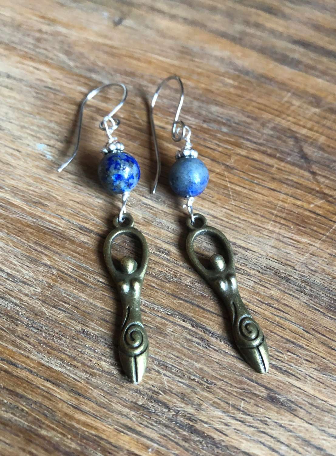 Bronze spiral goddess earrings with sodalite and hand crafted ear wires (stainless hypoallergenic) Bronze spiral goddess earrings with sodalite and hand crafted ear wires (stainless hypoallergenic)