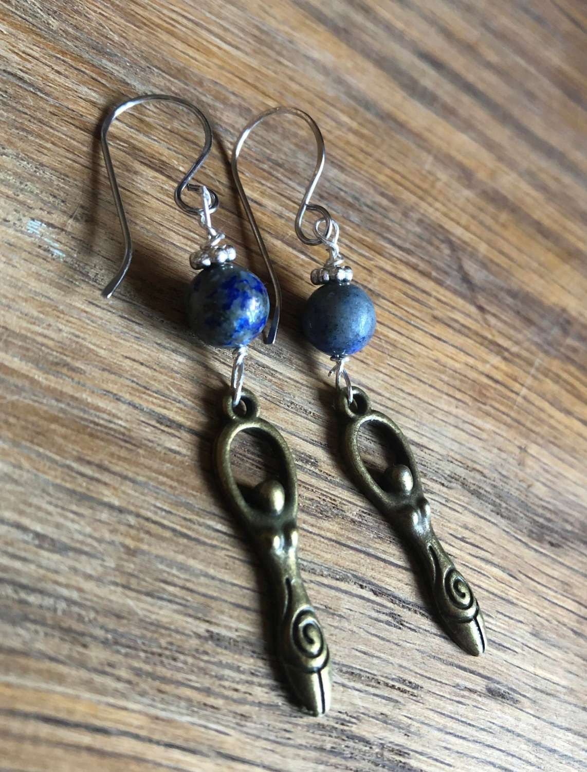 Bronze spiral goddess earrings with sodalite and hand crafted ear wires (stainless hypoallergenic) Bronze spiral goddess earrings with sodalite and hand crafted ear wires (stainless hypoallergenic)