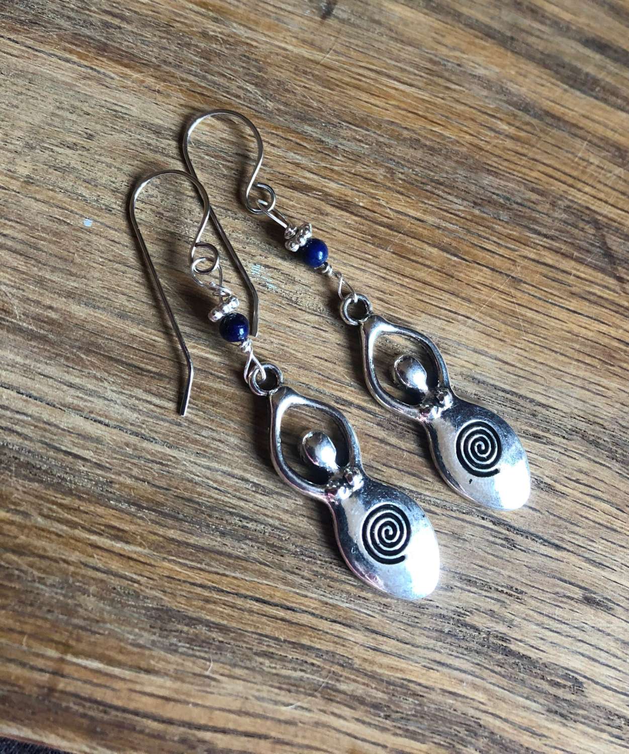 Stunning lg spiral goddess earrings with lapis beads. Unique ear wires (stainless hypoallergenic) Stunning lg spiral goddess earrings with lapis beads. Unique ear wires (stainless hypoallergenic)