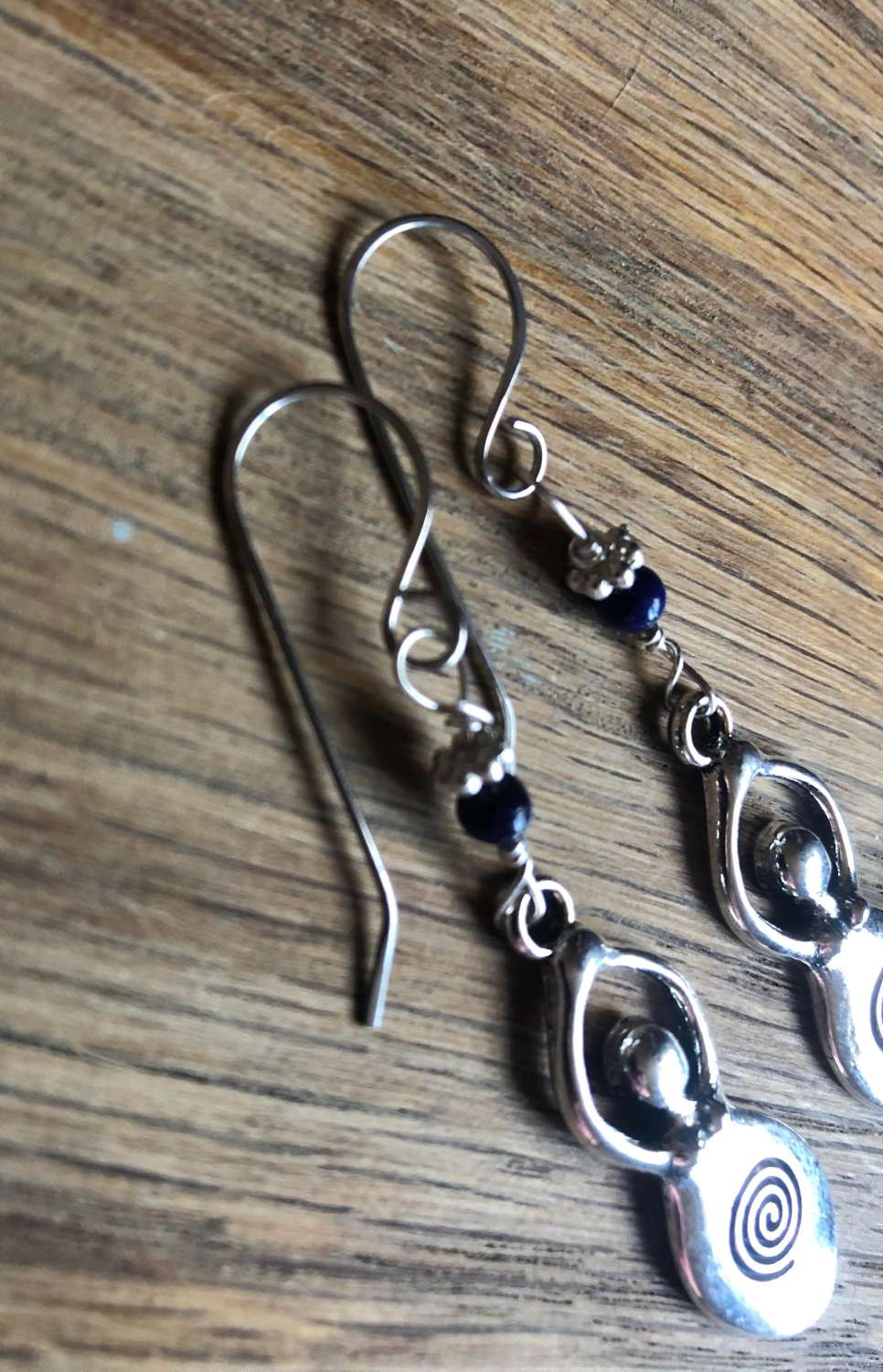 Stunning lg spiral goddess earrings with lapis beads. Unique ear wires (stainless hypoallergenic) Stunning lg spiral goddess earrings with lapis beads. Unique ear wires (stainless hypoallergenic)