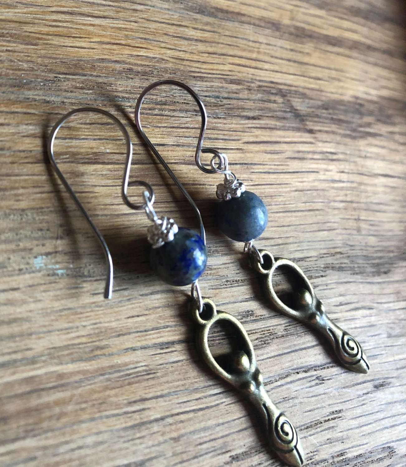 Bronze spiral goddess earrings with sodalite and hand crafted ear wires (stainless hypoallergenic) Bronze spiral goddess earrings with sodalite and hand crafted ear wires (stainless hypoallergenic)