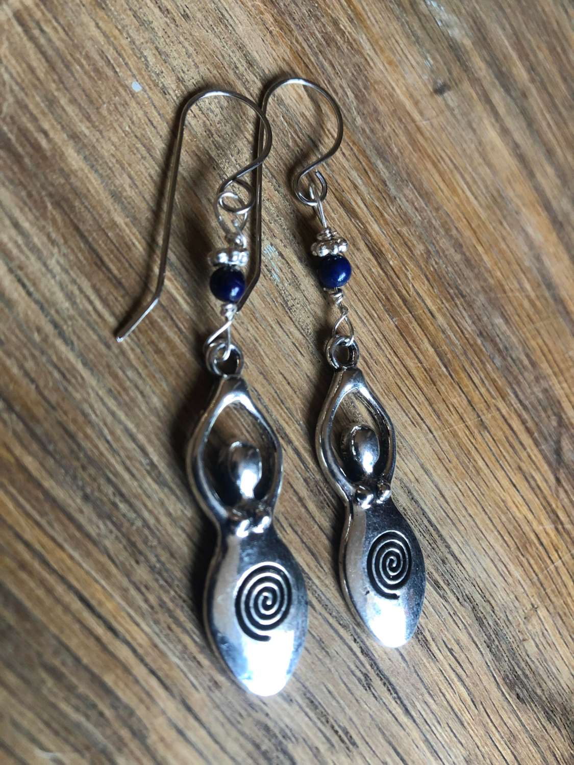 Stunning lg spiral goddess earrings with lapis beads. Unique ear wires (stainless hypoallergenic) Stunning lg spiral goddess earrings with lapis beads. Unique ear wires (stainless hypoallergenic)