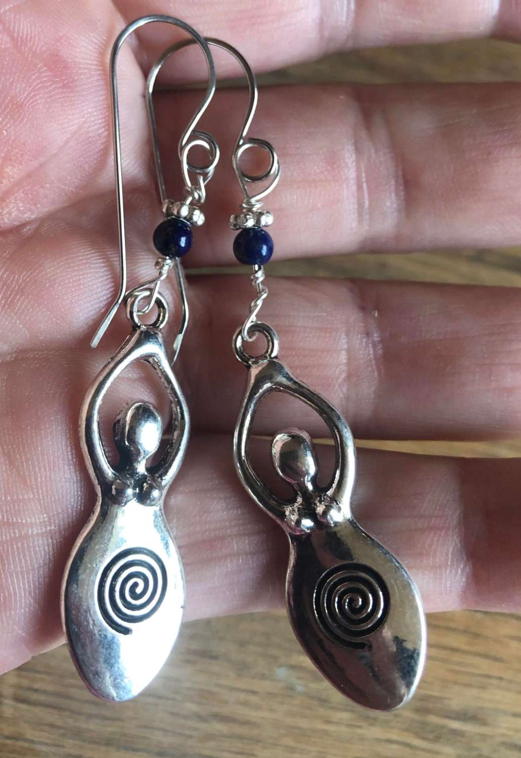 Stunning lg spiral goddess earrings with lapis beads. Unique ear wires (stainless hypoallergenic) Stunning lg spiral goddess earrings with lapis beads. Unique ear wires (stainless hypoallergenic)