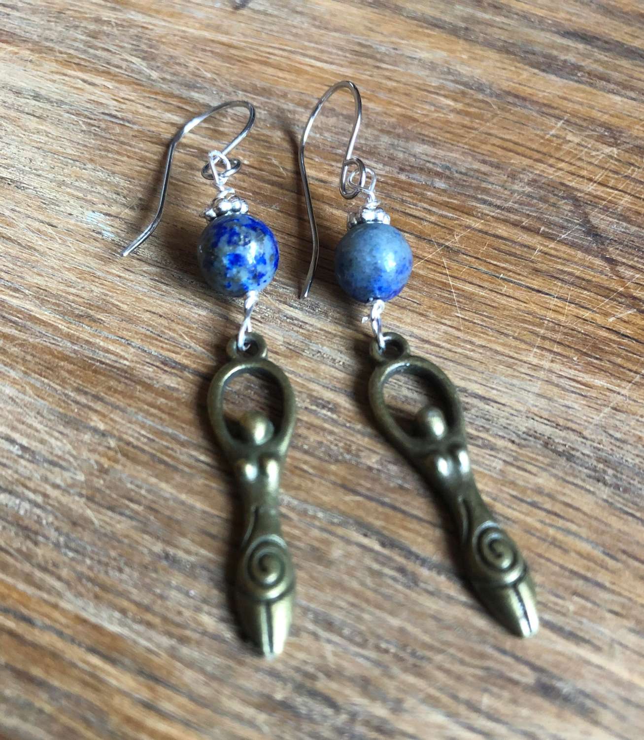 Bronze spiral goddess earrings with sodalite and hand crafted ear wires (stainless hypoallergenic) Bronze spiral goddess earrings with sodalite and hand crafted ear wires (stainless hypoallergenic)