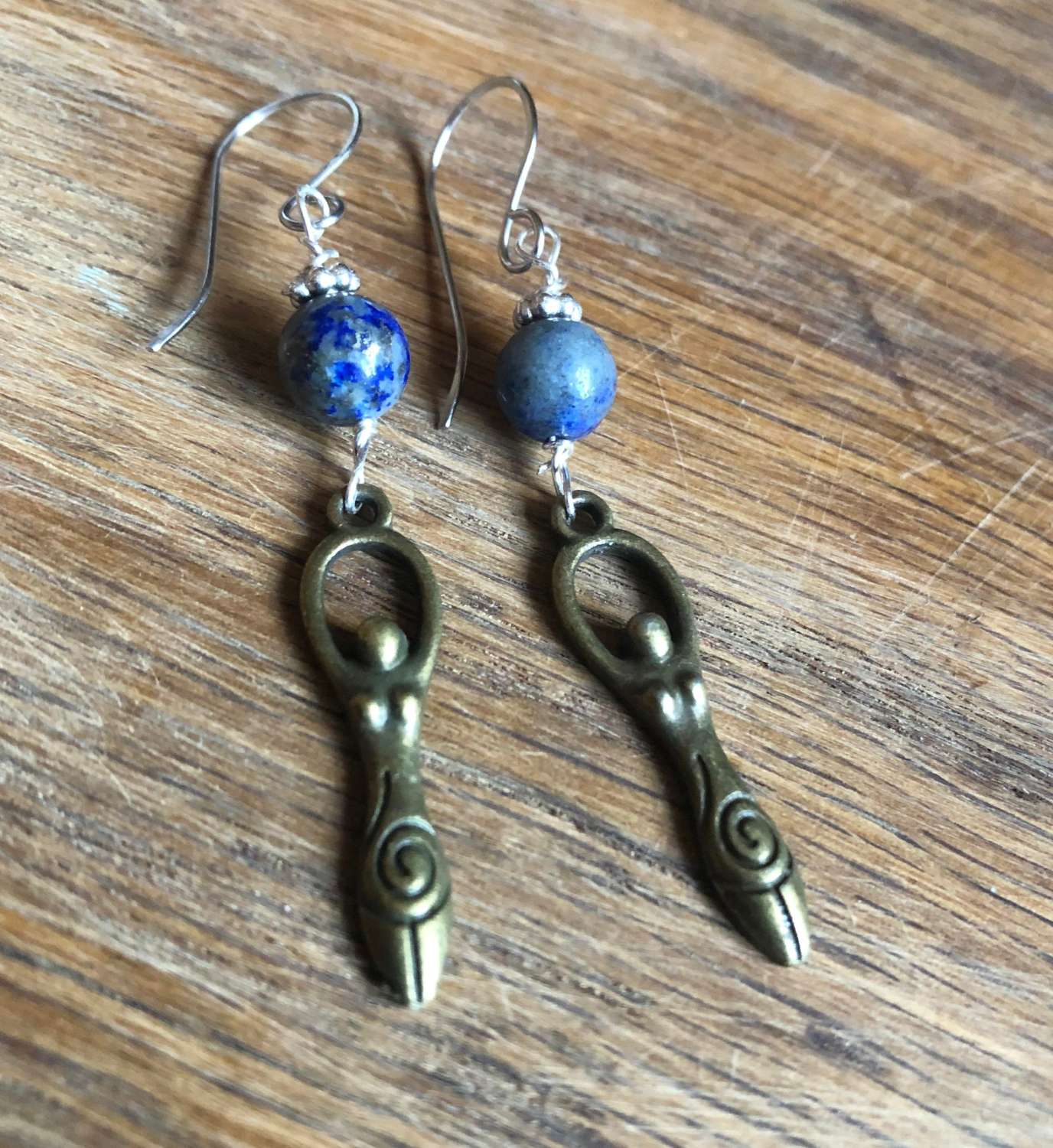 Bronze spiral goddess earrings with sodalite and hand crafted ear wires (stainless hypoallergenic) Bronze spiral goddess earrings with sodalite and hand crafted ear wires (stainless hypoallergenic)
