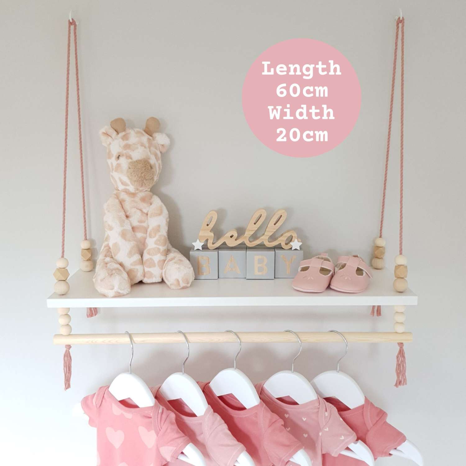 Nursery Shelf with Clothes Rail, White Shelf with Rail, Girl's Nursery, Baby Girl, Pink Nursery, Blush Pink, Kid's Shelf, Swing Rope Shelf, Hanging Shelf, Nordic Style Hanging Shelf, Swing Shelf, Baby Clothes Rail, Boho Nursery Decor, Nursery White Shelf, Bedroom Shelf, 60cm White Nursery Shelf with Clothes Rail, White Shelf with Rail, Girl's Nursery, Baby Girl, Pink Nursery, Blush Pink, Kid's Shelf, Swing Rope Shelf, Hanging Shelf, Nordic Style Hanging Shelf, Swing Shelf, Baby Clothes Rail, Boho Nursery Decor, Nursery White Shelf, Bedroom Shelf, 60cm White