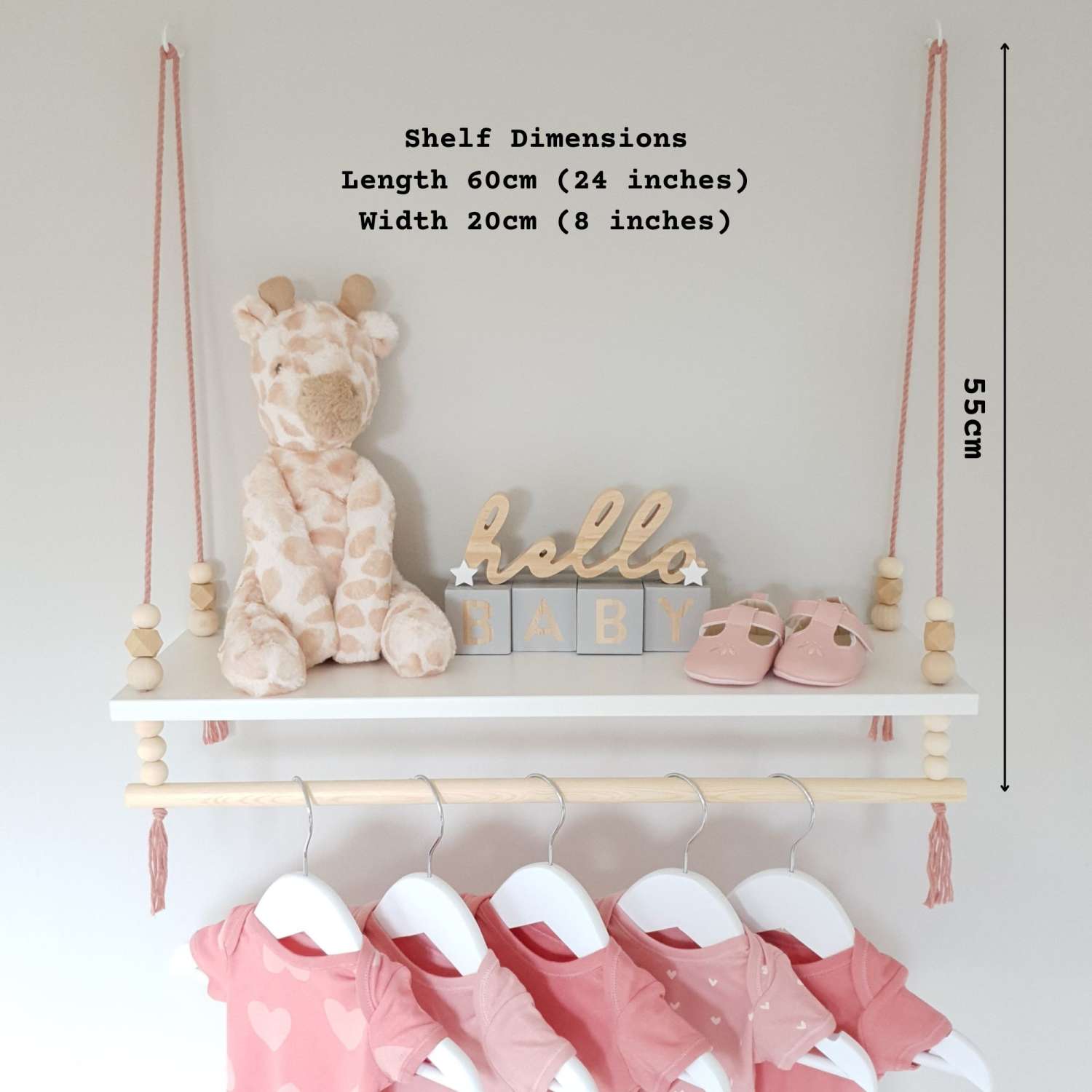 Nursery Shelf with Clothes Rail, White Shelf with Rail, Girl's Nursery, Baby Girl, Pink Nursery, Blush Pink, Kid's Shelf, Swing Rope Shelf, Hanging Shelf, Nordic Style Hanging Shelf, Swing Shelf, Baby Clothes Rail, Boho Nursery Decor, Nursery White Shelf, Bedroom Shelf, 60cm White Nursery Shelf with Clothes Rail, White Shelf with Rail, Girl's Nursery, Baby Girl, Pink Nursery, Blush Pink, Kid's Shelf, Swing Rope Shelf, Hanging Shelf, Nordic Style Hanging Shelf, Swing Shelf, Baby Clothes Rail, Boho Nursery Decor, Nursery White Shelf, Bedroom Shelf, 60cm White