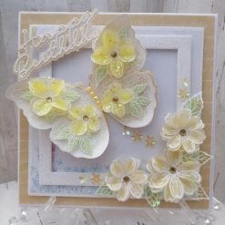 Luxury Handmade Birthday - Happy Birthday - Lemon & White with lacey butterfly & flower spray
