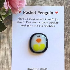 Pocket penguin, cute animal gift, thinking of you, letterbox hug, Fused Glass, I miss you, sentimental keepsake