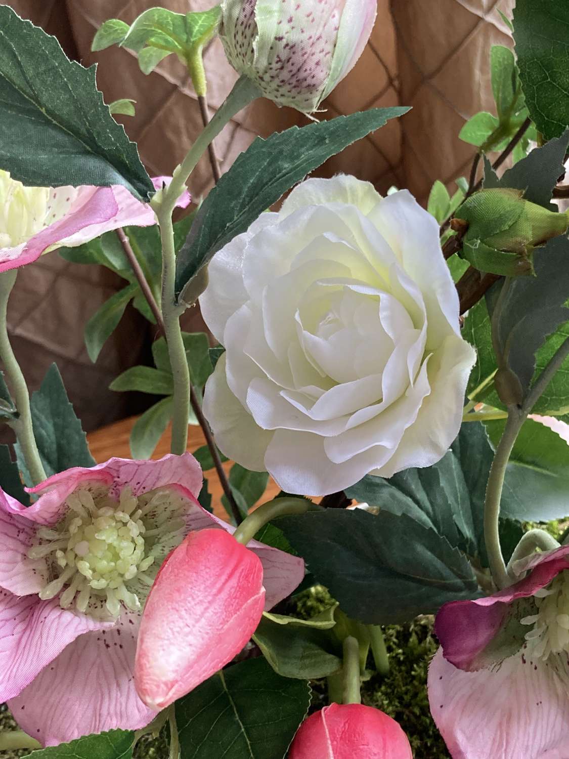 Artificial Hellebore, Tulip and Camelia Arrangement in Cream Tin Trough