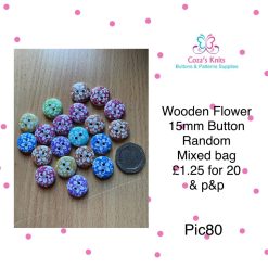 Wooden Flower 15mm Buttons random colour mixed bag of 20 (Pic80)