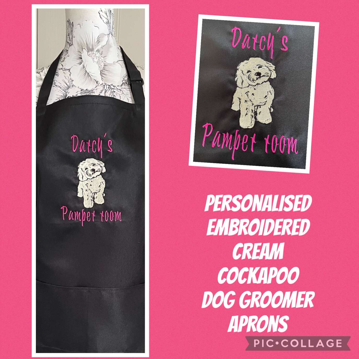 Personalised Embroidered Dog Groomer Apron Cream Cockapoo Design MadeMe