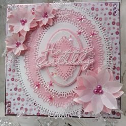 Luxury Handmade Birthday - Pink & White, Happy Birthday with oval lacey panels and summer blooms