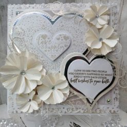 Luxury Handmade Wedding Card - Opal, White & Silver with confetti heart - Love, Laughter & Happily ever after with mallow flowers