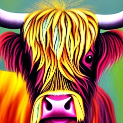 Colourful abstract Scottish long-horned cow print