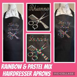 Personalised Embroidered Hairdresser Aprons Rainbow/Pastel Script Font