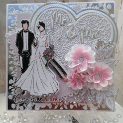 Luxury Handmade Wedding Card - White & Silver, Bride & Groom, Mr & Mrs with Lacey heart & spray of summer flowers - Congratulations
