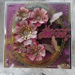 Luxury Handmade Birthday - Azalea & Gold, Happy Birthday with oval panels, flower spray & butterflies