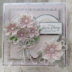 Luxury Handmade Wedding Card - Blush pink 'Your Love Story Begins Here', with vellum flower bouquet & lacey background heart