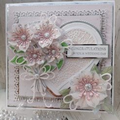 Luxury Handmade Wedding Card - Blush pink 'Congratulations on your wedding day', with vellum flower bouquet & lacey background heart