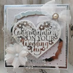Luxury Handmade Wedding Card - Blush pink 'Congratulations on your wedding day', Sparkly Heart with vellum flower & organza & jewel bow